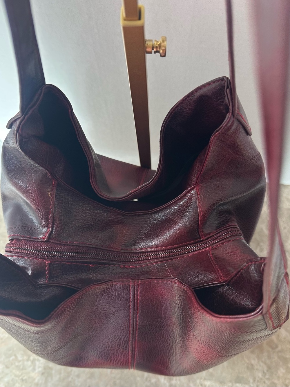 Burgundy Patchwork Hobo Bag Slouchy Vegan Leather Shoulder Purse Y2K Goth Grunge - Picture 5 of 14